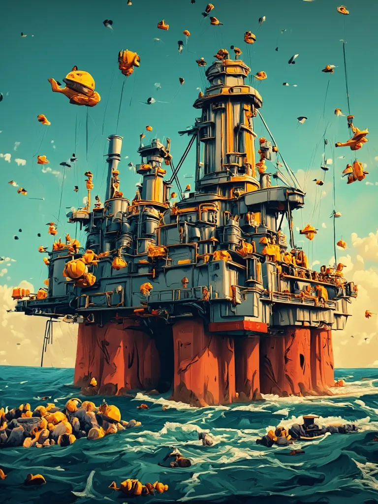 un póster  de Olly Moss , a super detailed conlores intense oil platform running with boats, helicopters, workers with helmets, the image evokes the power and simplicity of the indigenous woman