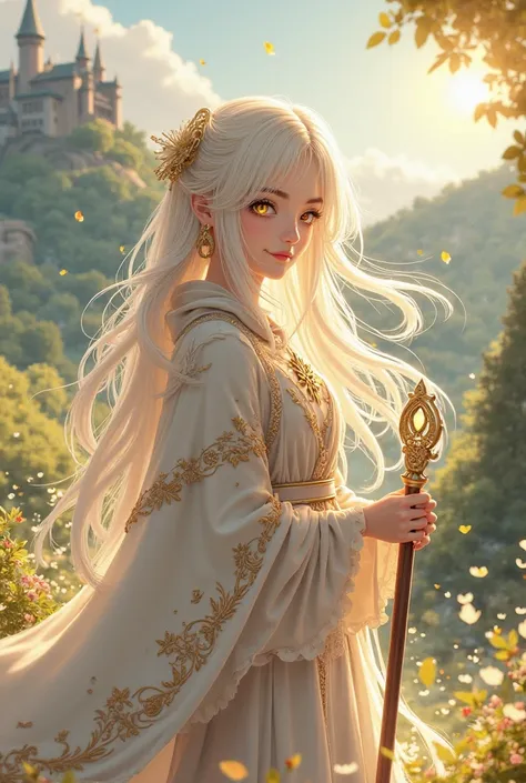 Anime girl Medival light mage white hair gold eyes smile with cane