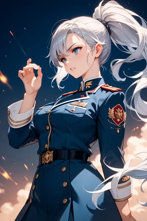 Dressed in military uniform、A person with silver hair, cool, and strong ponytails、woman、