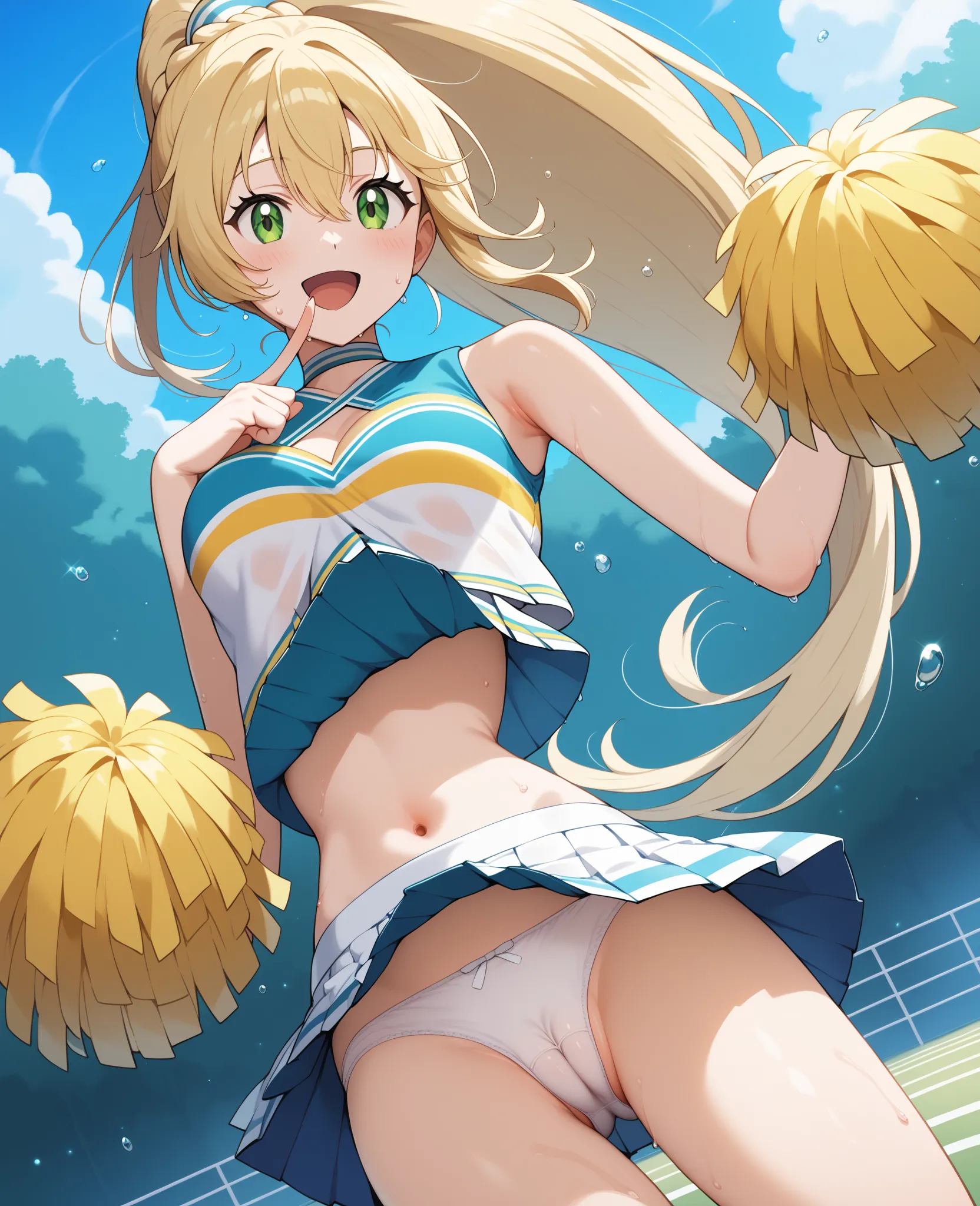 Lily,Goddess Magazine,long hair,blond hair,ponytail,hair between eyes, brant bang,green eye,medium chest,
(cheerleader:1.3), (pleated skirt with index finger:1.3),( Striped Crop Top:1.2), sleeveless shirt, medium chest,(Under the chest:1.1),
miniskirt,  th...