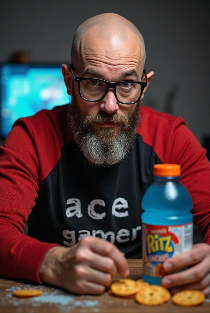 Create an image of a bald man, ( with the beard , black cycling glasses, a black t-shirt with script "ace gamer", under the shirt he wears a red sweater) fighting against a pack of ritz crackers and a bottle of blue gatorade

