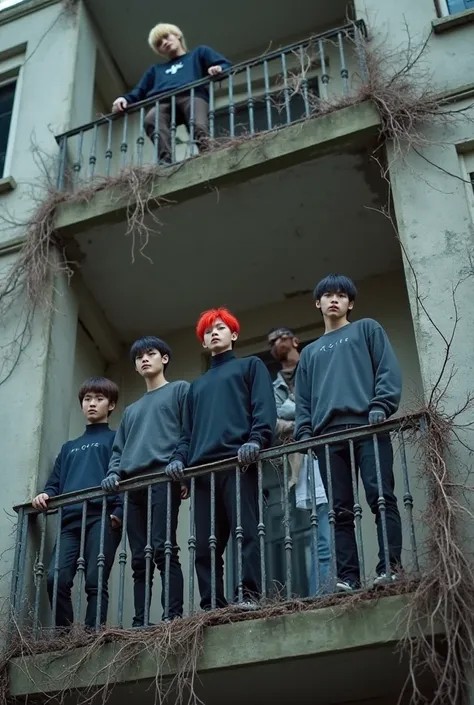 Create an image captured from a low angle, shows five young Koreans on an aging balcony, surrounded by dry creepers. The redheaded one stands out in front, while two black-haired men watch intently. The blond one rests on the parapet, And the one with dark...