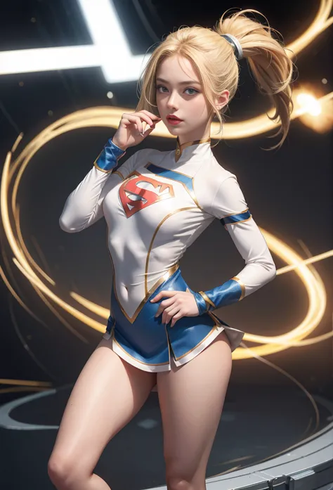 4K, Reality,  charm , Very detailed, There is a girl in the sky, dressed in a super girl costume, She is a super girl, superhero theme, Blonde hair, ponytail, [20 years, full body, (details in the eyes), (details on face), very beautiful,  blue eyes,  face...