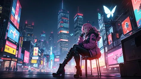 A futuristic urban scene featuring a character with long, pink hair sitting on the edge of a tall metal structure. The character wears a voluminous coat with blue and green accents, and black boots. In the background, a city lit up with skyscrapers and neo...