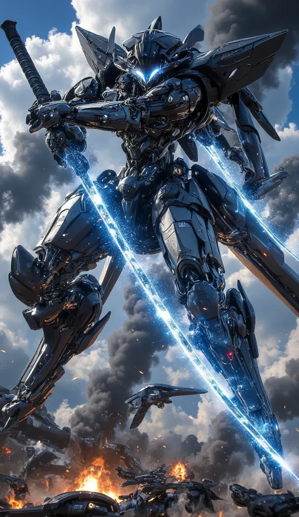 A giant samurai-style combat mecha, armed with a glowing blue energy sword, battling a swarm of small drones in a sky filled with explosions."