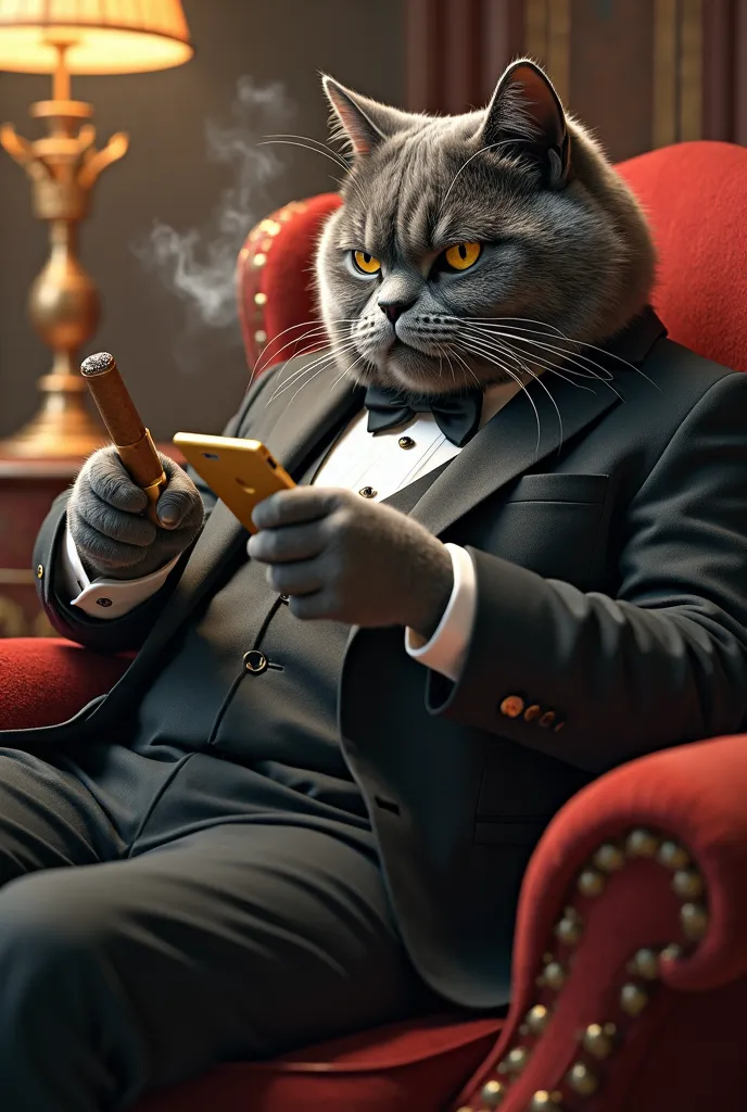 A fat, grumpy-looking British Shorthair cat, sitting in a custom-tailored tuxedo, smoking a cigar, and casually checking stock prices on a solid gold smartphone. He’s worth $800 billion, yet insists on being carried everywhere. Speaks in a deep, classy voi...