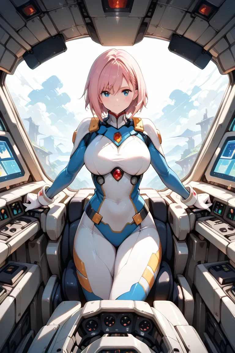 Beauty, Wear a sexy pilot suit, I'm sitting in the cockpit of a super robot with an open canopy, Hold the control stick、surrounded by mechanics inspecting instruments in front of her, (Highest quality,4K,8k,Hi-Res,masterpiece:1.2),超Hi-Res,