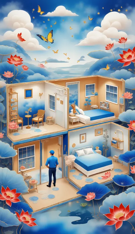 Drawing illustration in 3D virtual format of an engineer of a single-storey house that reveals 2 bedrooms, bathrooms, kitchen and living room with furniture inside the house from a high angle