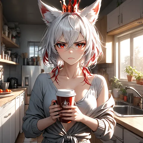 Female, Beautiful tied-up White hair, Fox ears, Angry face, Red eyes, Make up, Red eye shadow,  Crown, Casual revealing clothing, Standing in a kitchen, drinking coffee cup