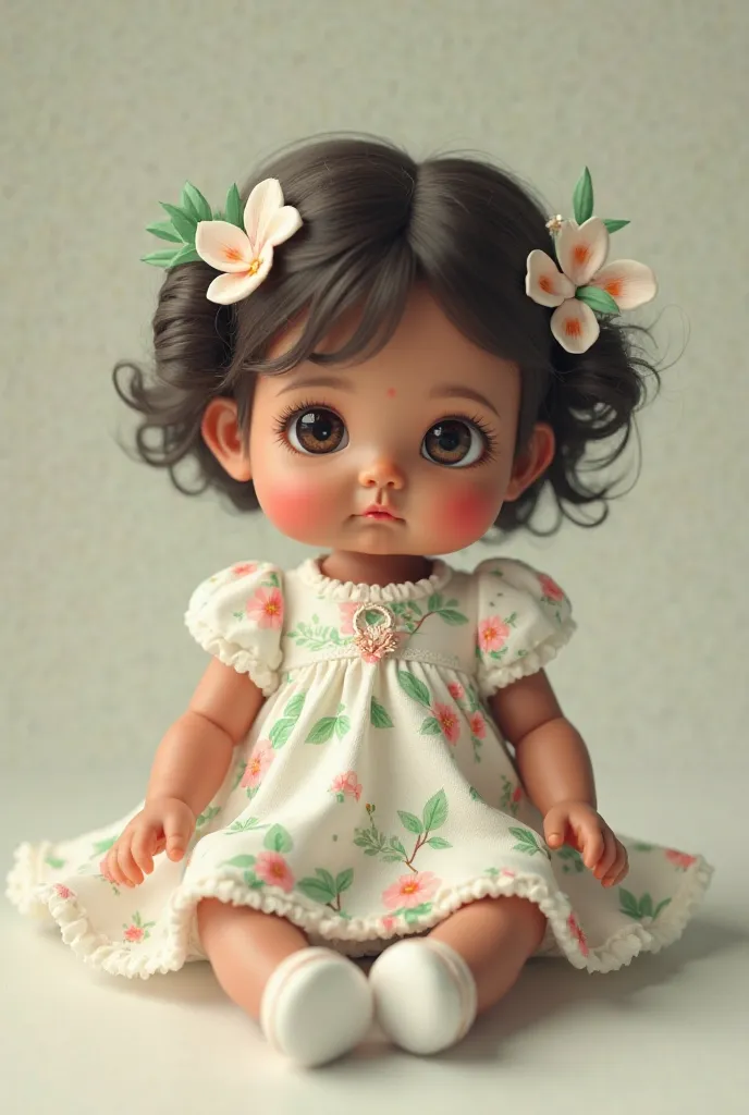 A 3d doll , Baby sitting, dark brown eyes, brown skin tone,  dark brown hair, white dress with green and pink flowers, green and pink flowers in the hair, with white shoes  