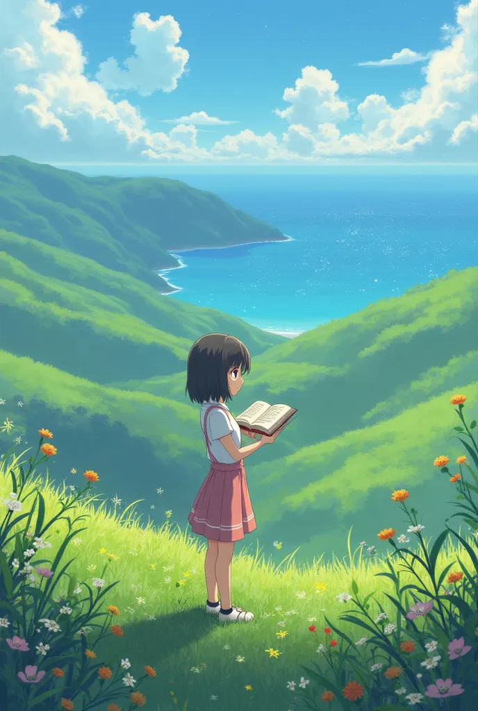 Short haired ghibli girl holding a book in a green landscape overlooking the sea and sky