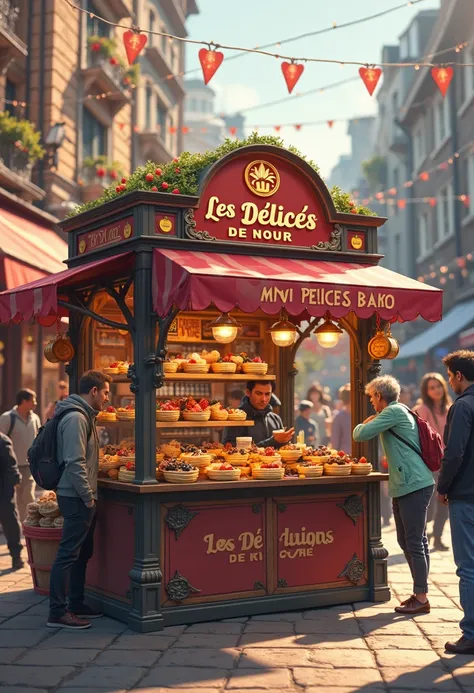 Un kiosque de mini pancake qui s'appelle "les délices de Nour" avec comme logo des mini pancake avec fruit et chocolat 