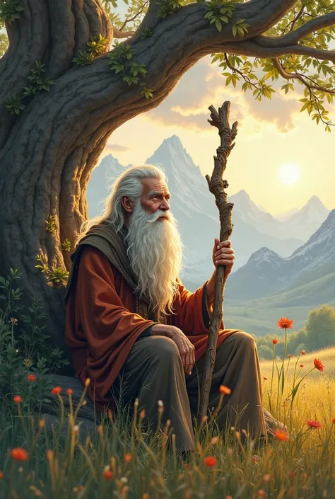 "An old man with long white beards, sitting under an ancient tree in a field illuminated by the setting sun.  He holds a carved staff ,  with serene and wise expression . The environment is pastoral, with tall grass swaying in the wind and distant mountain...