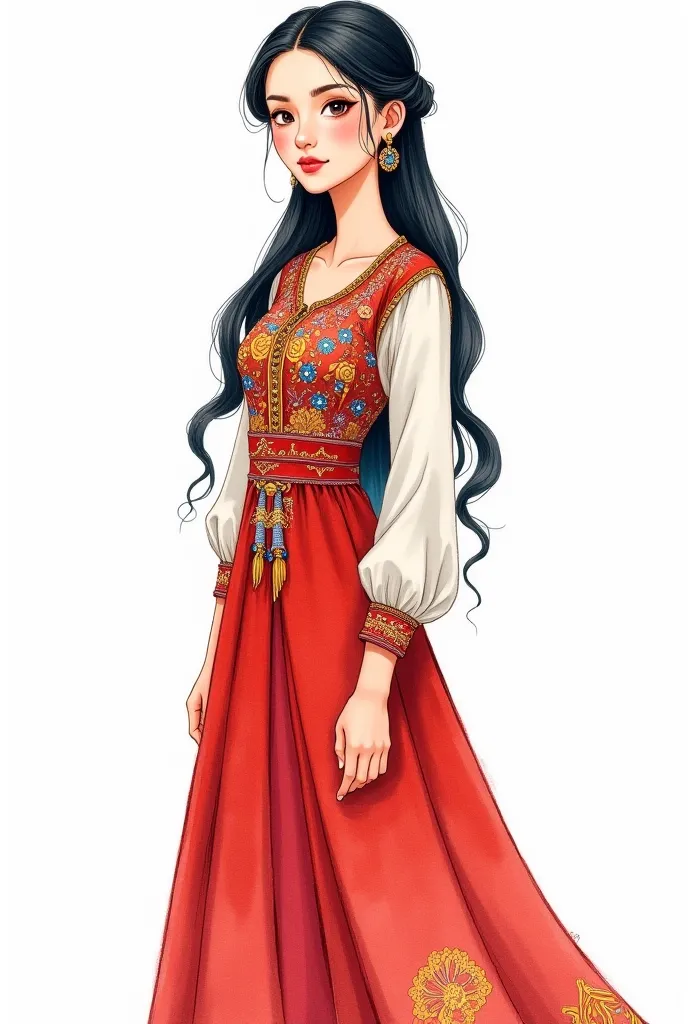 Beautiful Kazakh woman in a Kazakh dress white background watercolor cartoon illustration 