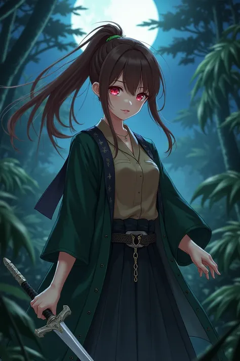 An anime girl with brown ponytailed hair and bangs down, have wine red cat eyes, looks so cute and white like ice but cold. Wearing a demon slayer brown outfit and a green and black haori, holding a sharp sword and in night, the background is into a jungle...