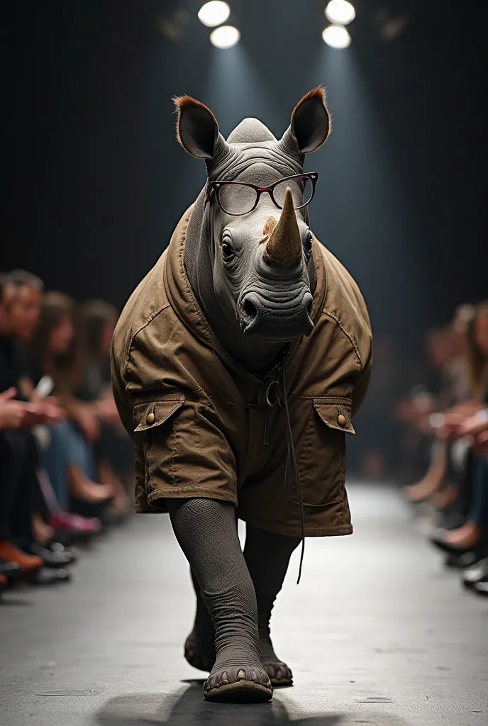 A model  rhinoceros walks along a model road on two legs, wearing stylish model clothes with optical glasses,putting his hand in his pocket.Model  rhinoceros walks like a model. Creating  the look of a fashionable model.The runway atmosphere includes brigh...