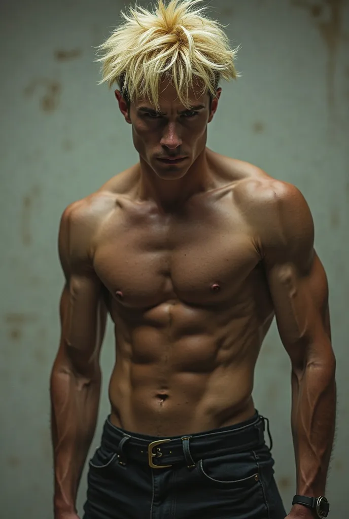  Young man, blond hair, wicked, calculating, high,  athletic physique 