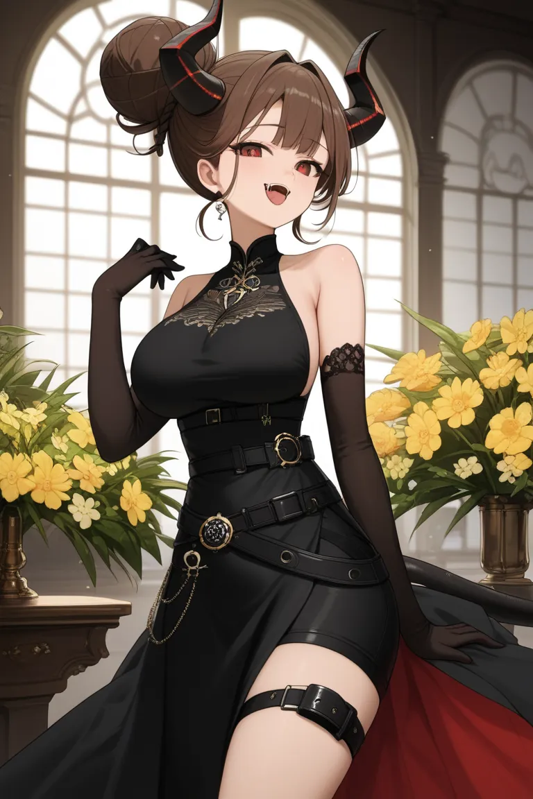 Комната background, background,xytx-licking,1girl,One,red eyes,brown hair, hair bun ,hair, big chest shorts,flower, dress , bare shoulders are visible,sleeveless ,black  dress , glove belt,elbow  glove belt,black  glove belt,has,black headgear,anime looks ...