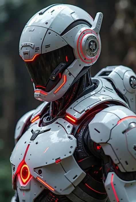 Futuristic exoskeleton soldier in grey high-tech armor with bright red neon lines, extremely detailed surface, futuristic helmet without a visible face, realistic style, cinematic lighting, 8k, hyper-realistic, intricate armor detailing, sharp focus, sci-f...