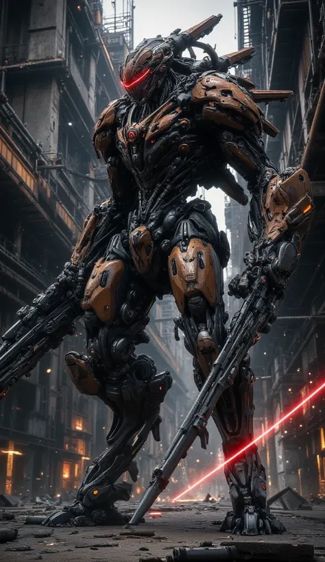 A cyberpunk war robot with glowing red eyes and rusted metal plating, engaging in combat against rogue AI forces inside an abandoned factory, sparks and bullets flying everywhere."