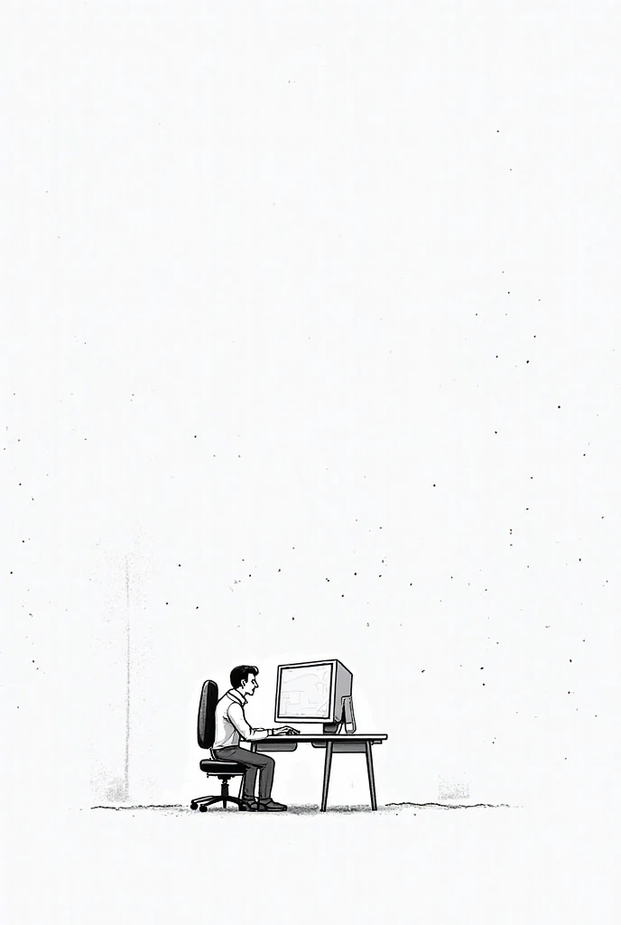 Generate a drawing man working on a computer.Black and white simple and easy drawing