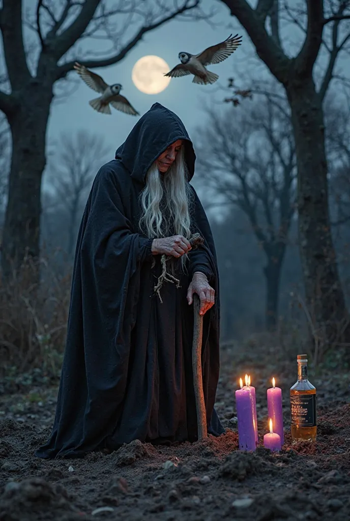 An elderly woman with dark skin and pure white hair wears a black cloak with a hood covering her head. Dressed entirely in black, she is hunched over, slightly bent, appearing to be of great age. In her hands, she holds a wooden staff, adding to her myster...