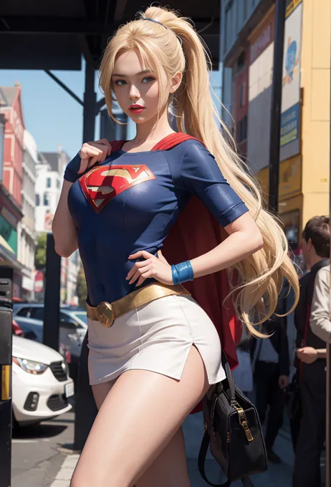 4K, Reality,  charm , Very detailed, There is a girl in the sky, dressed in a super girl costume, She is a super girl, superhero theme, Blonde hair, ponytail, [20 years, full body, (details in the eyes), (details on face), very beautiful,  blue eyes,  face...