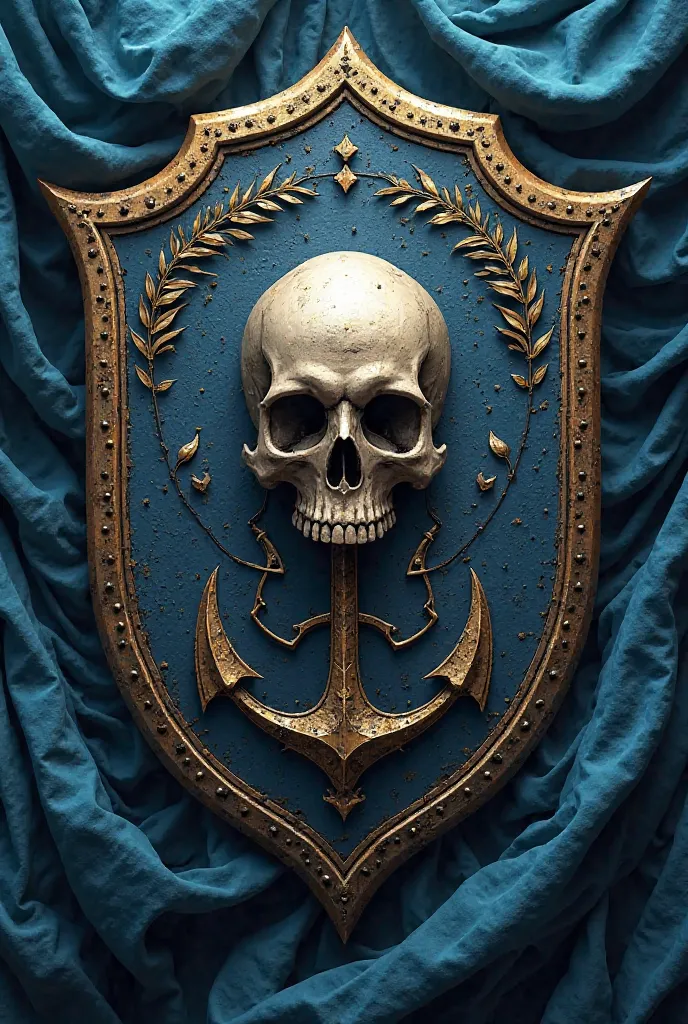 A shield with a skull 2 trident blue fabrics the anchor of a ship olive branches 