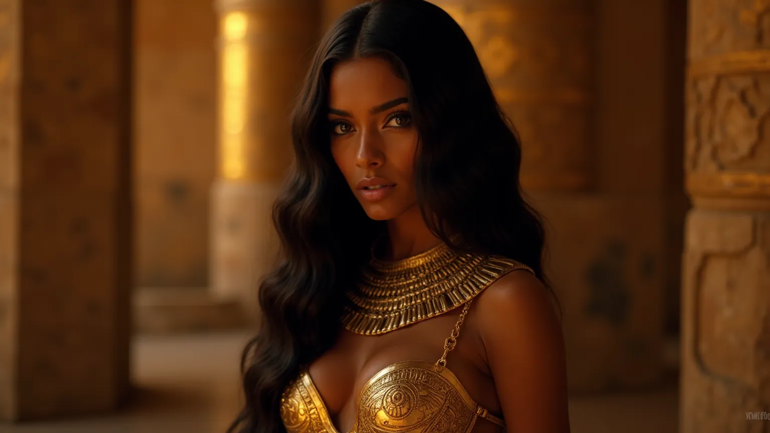  image , ultra realistic,  8K , Masterpiece,  A 23-year-old Egyptian girl wearing a traditional Egyptian loincloth and breasts covered with an ornate gold bikini, as if she were a queen. Her skin is very dark, her eyes are dark and intense,  and her long h...