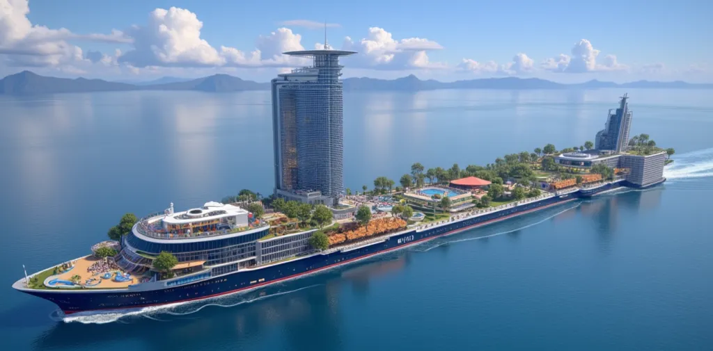 The world's largest cruise ship is moving along, making waves.,There is a pool and a park on board.There is also a small amusement park on the ship.It has 10 floors.