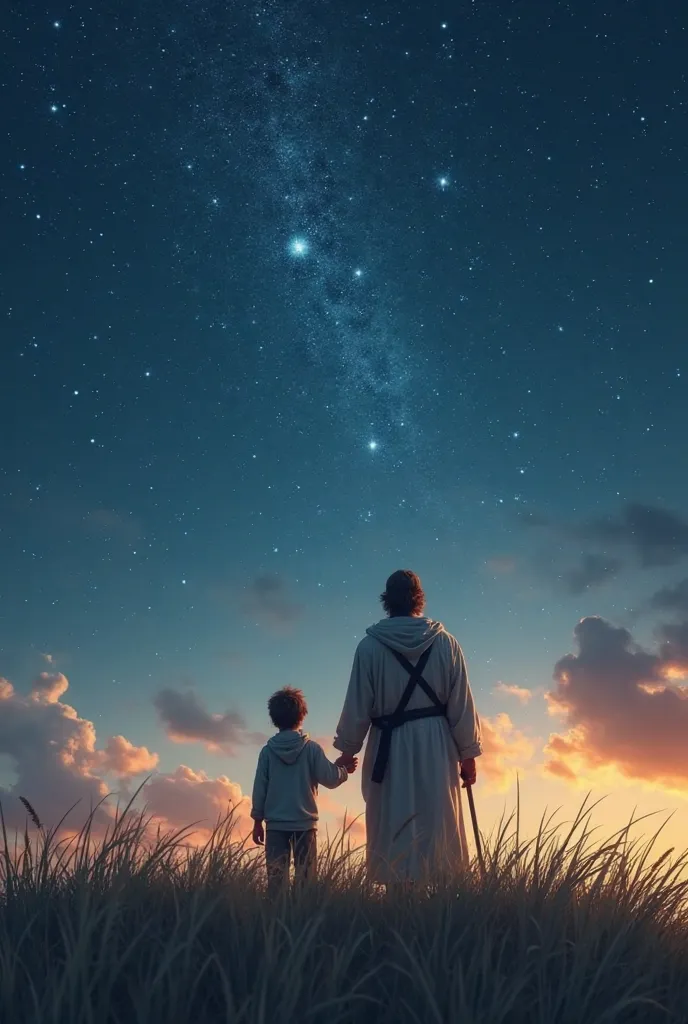 "Abraham looking up at the starry sky at night while holding Isaac by the hand on top of a quiet hill. Both are dressed in simple traditional clothing, surrounded by tall grass swaying in the gentle wind. The sky is filled with bright stars that symbolize ...