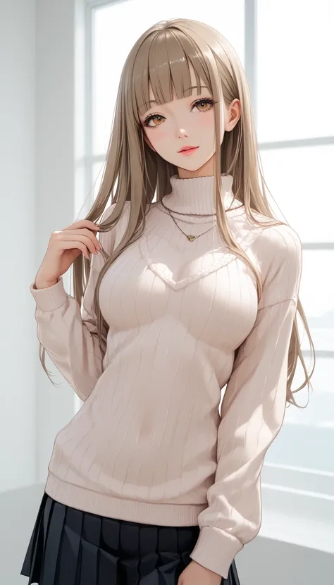 best quality, absurdres, わきDownを見せない, Down, no background, becomes transparent when you look at it {x}, PE, front view, cowboy shot, perfect and beautiful face, beautiful breasts,  Read more, slim, lightbrown long hair, blunt bangs, sweater, pleated black ...