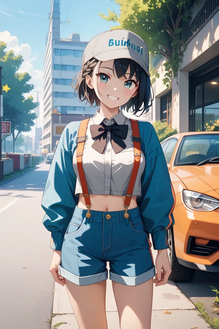 2d, masterpiece, best quality, anime, highly detailed, cowboy shot, 1girl, solo, subaru_suspenders, subaru_suspenders, french braid, blue jacket, grey shirt, black bowtie, star \(symbol\), blue shorts, midriff, grey headwear, grey socks, standing, outdoors...