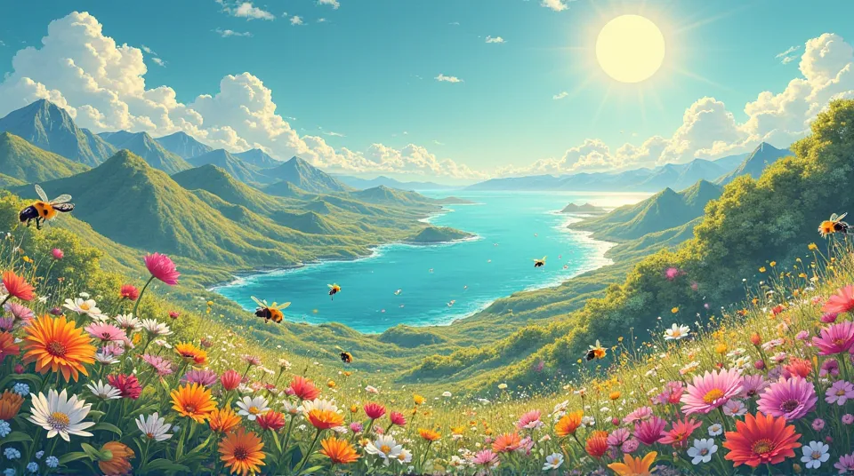 Top view of several islands in an archipelago in sunny spring with multi-colored flowers and lots of bees foraging in manga drawing style