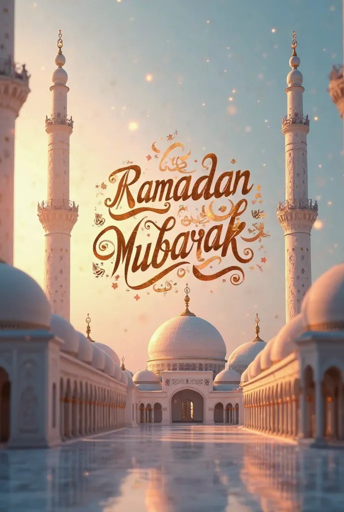 Ramadan Mubarak word in English with mosques background 