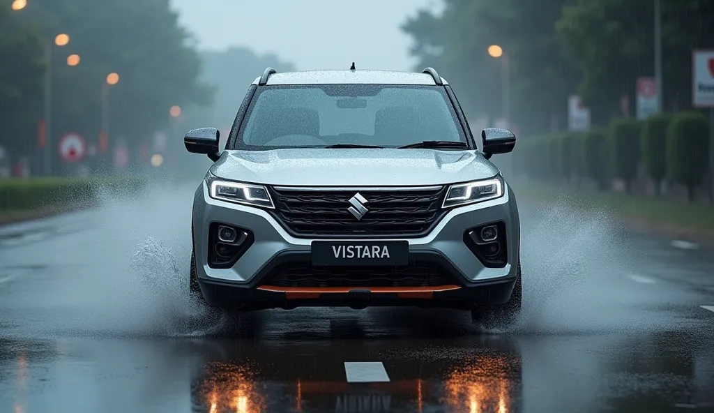 A captivating and futuristic image of 2025 maruti e Vitara taking in empty in rain.The car's vibrant silver  Mettalic paint highlights its sleek and aerodynamic design, with bold accents showcasing the cutting-edge innovation and technology of its time. Th...