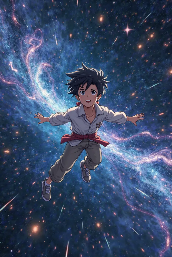 Boy flying in the universe rain shooting stars anime style  