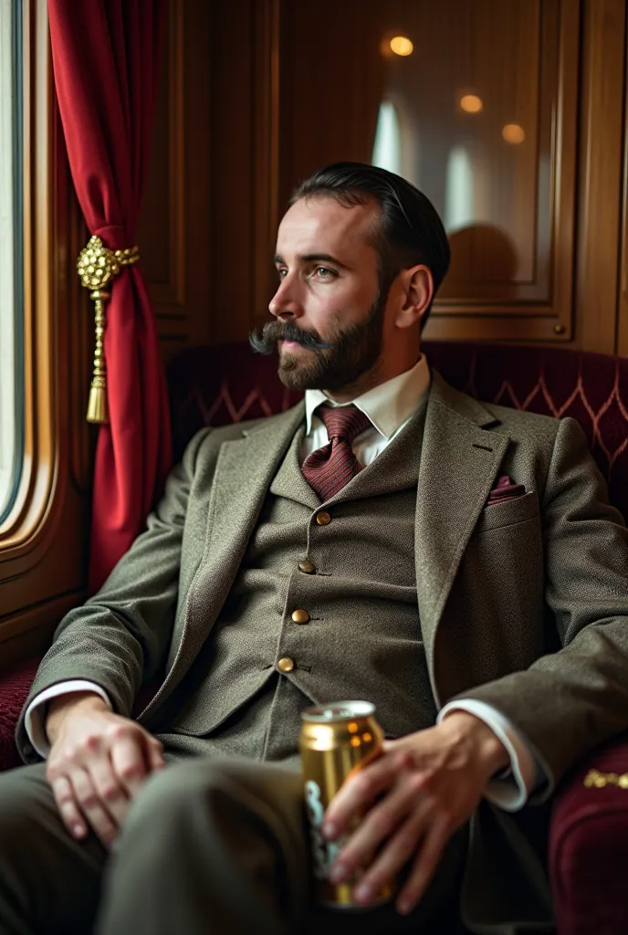 Photo Aymeric lompret (French comedian) dans costume d'Hercule Poirot allongé sur banquette de l'orient express avec une cannette de 8,6. It's salty and sweaty 