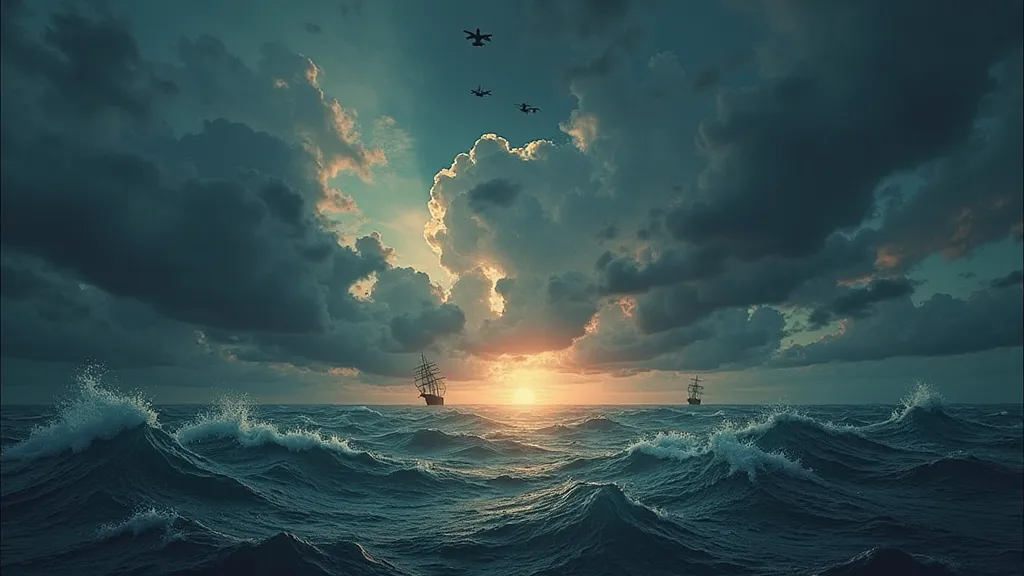 Of course, here are the prompts to regenerate images that represent each scene from the script of "The Bermuda Triangle"  With precision :

1. **[Sound of waves and wind]**
   - Prompt: "A rough ocean with waves and wind, under a dark, cloudy sky ,  convey...