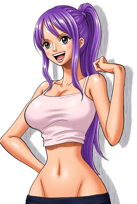 20-year-old woman with purple hair tied in a ponytail full body with big boobs cheerful with a smile with the Erza Escarlet 