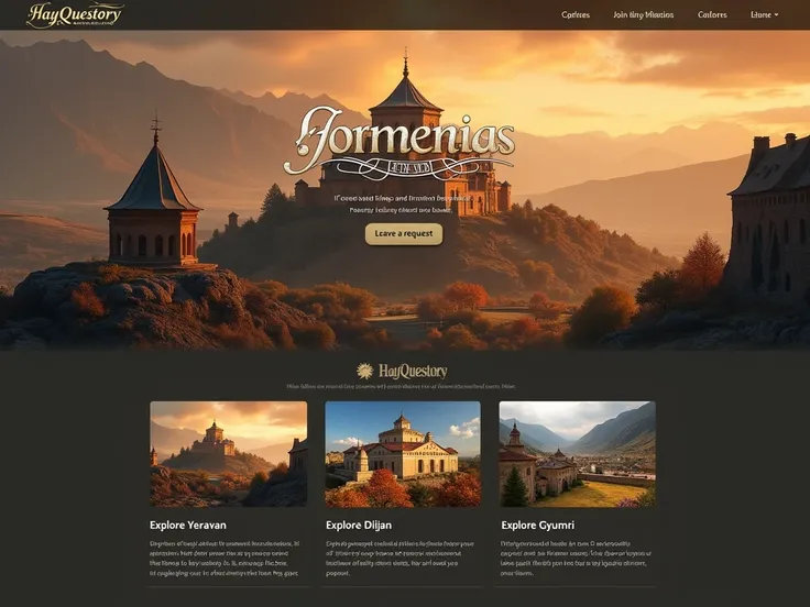 You need to create an image of the first page of the site.
background: majestic Armenian landscapes, monasteries, mythological heroes.
the title: HayQuestory historical style company name.
button: "Leave a request" (vivid call to action).
 Sections : Explo...