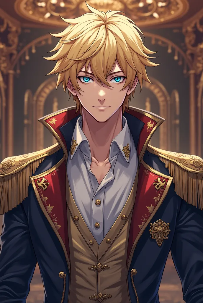  Young man, blond hair, wicked, calculating, high, Anime style athletic physique dressed as a nobleman 