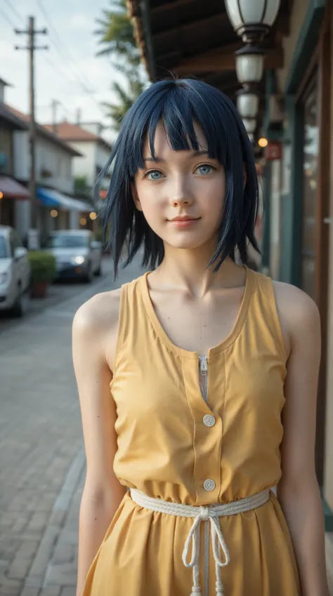 (Extremely realistic) (1girl:1.5) (alone:1.5) (Himawari Uzumaki from Boruto: Naruto Next Generations:1.3) (young girl:1.3) (half-body portrait, centered) (short, straight dark blue hair:1.4) (chin-length bob with straight bangs) (individual strands visible...