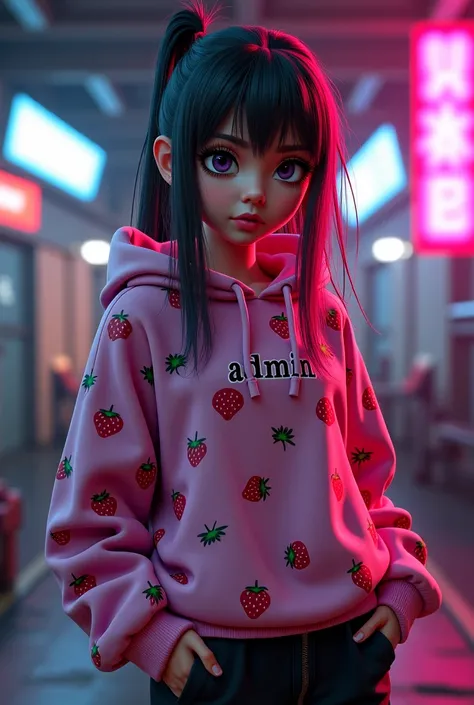 GTA animation style,  Woman, , girl, 24 years old, age 24, long pink and black hair,  moletom de strawberry, Written admin, dark, dakness,  dark, dark, fofo, soft, strawberry, Cyber scenario, 