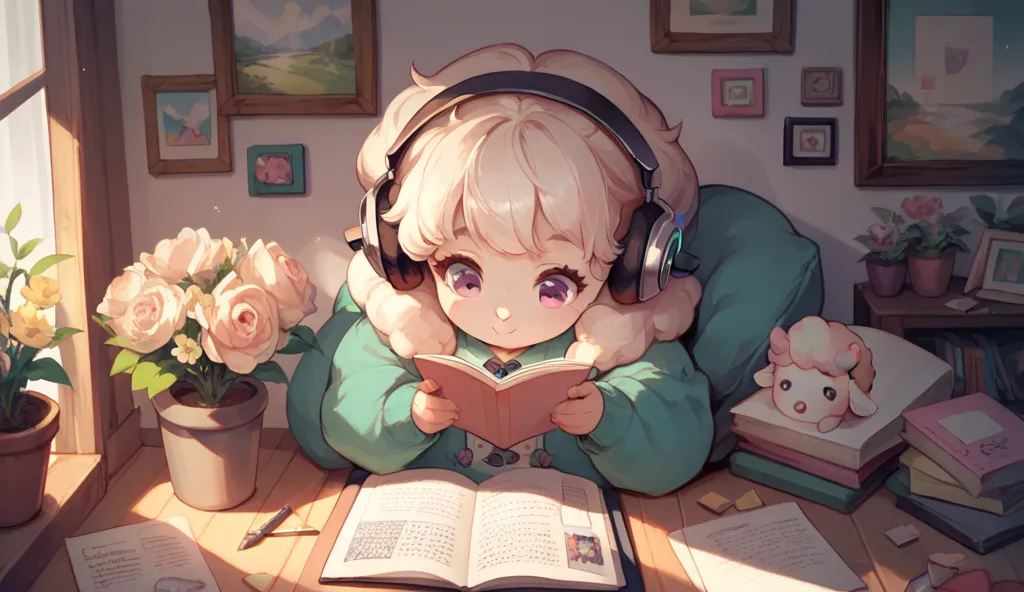 cute and cute baby sheep in a cute and room, studying with a notebook, with a headphones,  with a dolls, with flowers around, light colors, pastel tones, 
maximum resolution, texture, painting style, high resolution and high quality photography