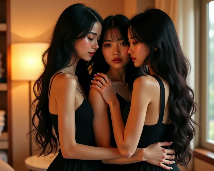 **"A hyper-realistic, ultra-detailed photograph of three elegant East Asian women in an intimate and affectionate pose, embracing each other with warmth and deep connection. Their bodies are closely intertwined, with hands gently slipping through their lon...