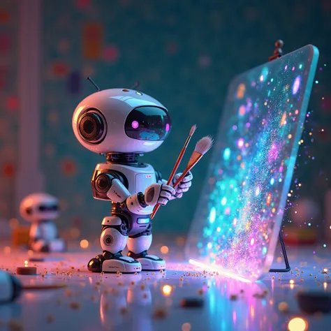 " A small , cute robot with brushes in hands, that paints artistic AI images on a holographic screen, surrounded by colorful lights and sparkling effects."