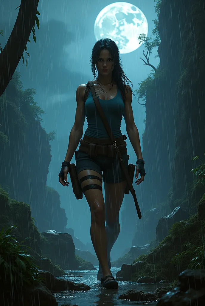 Lara Croft on an island at night raining