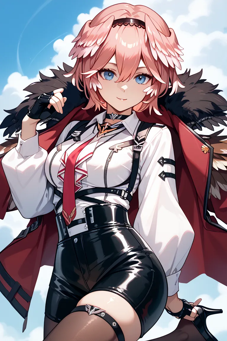 luiFirst, pink hair, short hair, parted hair, double-parted bangs, hair between eyes, black hairband, blue eyes, hair wings, black choker, white shirt, chest harness, breast zipper, red necktie, white ascot, long sleeves, white shirt, black gloves, partial...