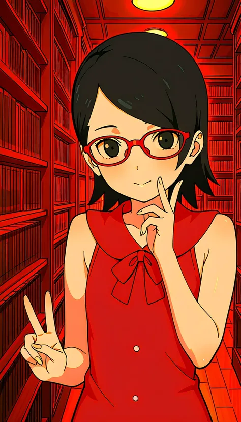  ,sarada,black hair,short hair,Red-framed glasses,detailed face, masterpiece,best quality, wearing red sleeveless blouse, flat breasted, bare arms,  library  ,  black eyes,  peace sign with one hand , Room